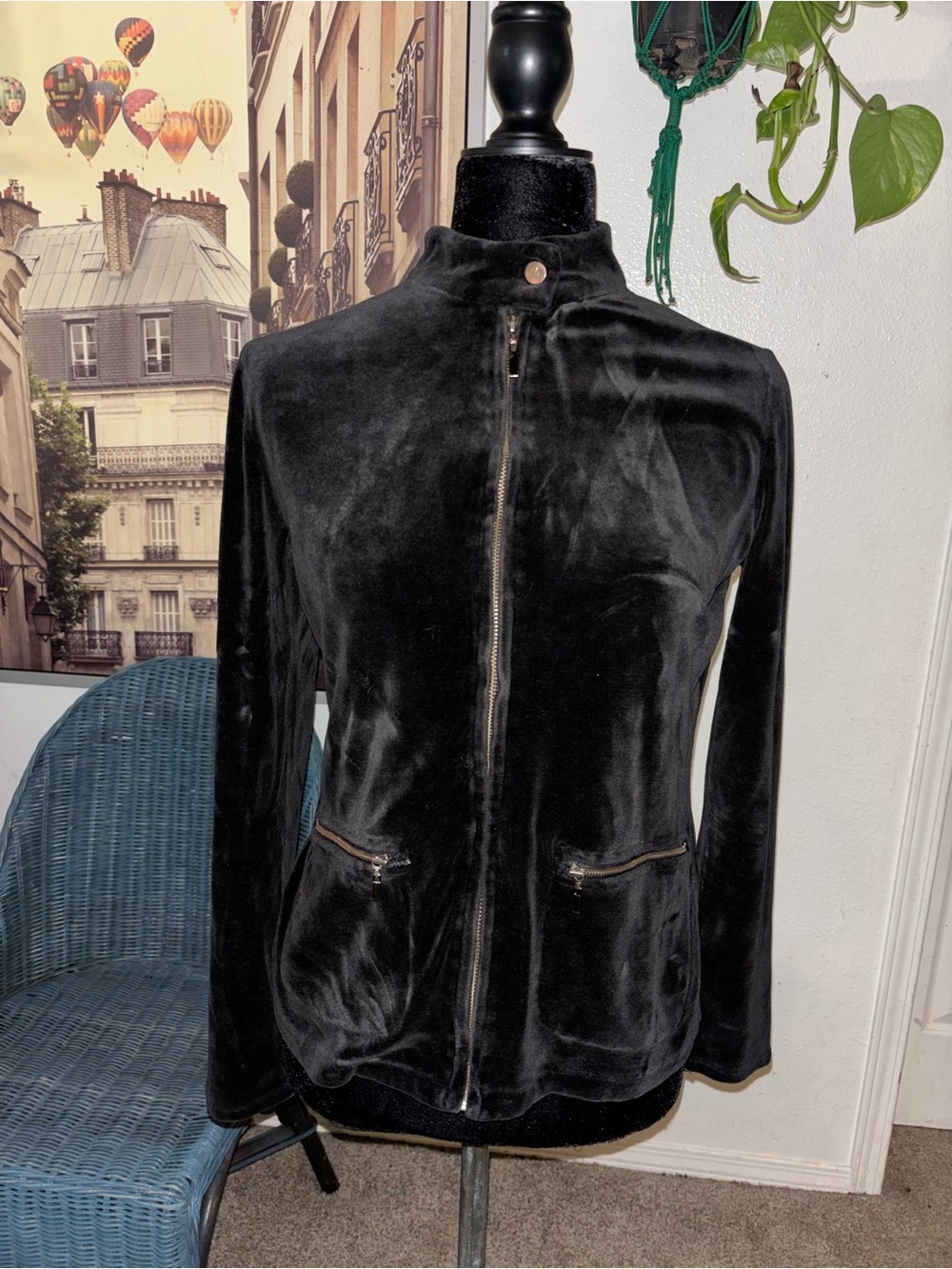 Talbots Black Velour Zip-Up Jacket Women’s Small Stand Collar Velvet Feel